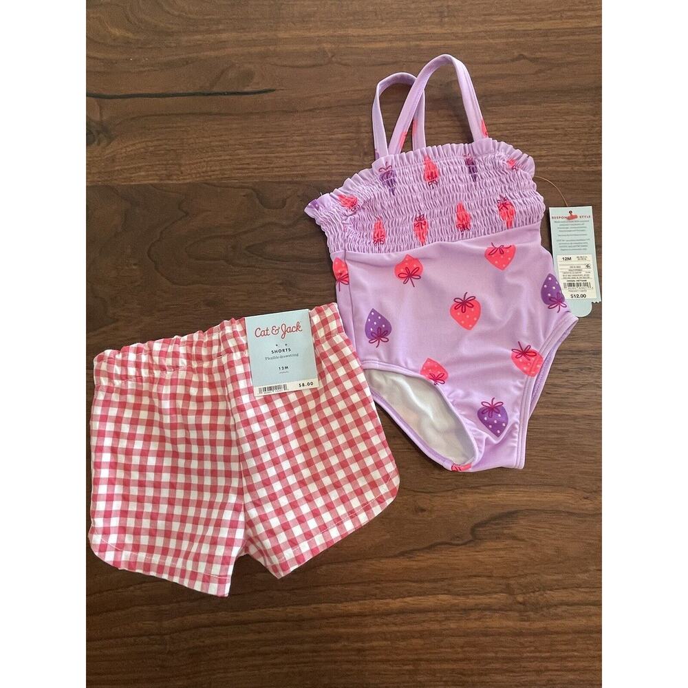 NWT Girls Cat & Jack 12 month One piece Swimwear & Shorts Purple Pink Strawberry